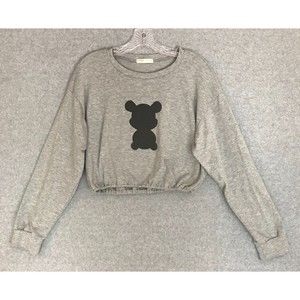 RomWe Teddy Bear? Crop Top Womens Medium Shirt Gray‎ Long Sleeve Elastic Bottom
